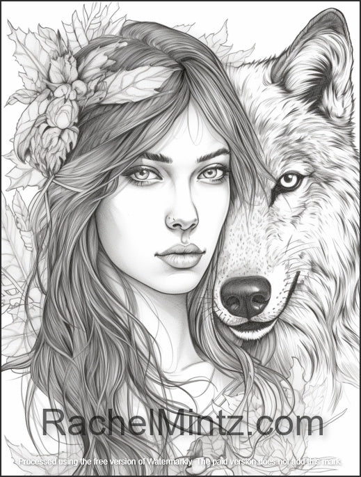 Wolf Ladies - Realistic Wolves & Native American Women, Grayscale Coloring Book 27X2 AI Art (PDF Book)