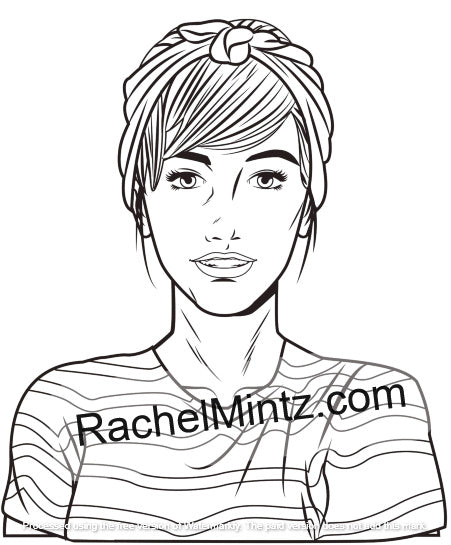 Beautiful women face close up coloring pages – La Femme PDF digital download - Black and white line art illustration of a woman with braided hair, wearing a striped shirt, with the text 'RachelMintz.com' across the chest.