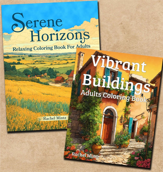 2 in 1 Landscapes BUNDLE - Vibrant Buildings + Serene Horizons Coloring Books (Digital PDF Books)
