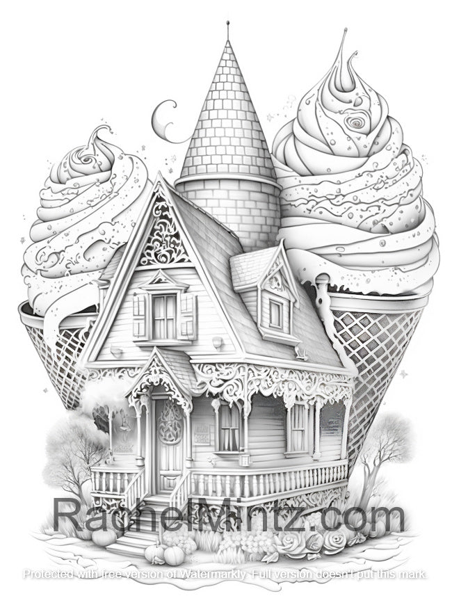 Icecream Houses - Grayscale Coloring Book, 40 Cute Fantasy Houses Made of Ice-Creams, AI Art (PDF Book)