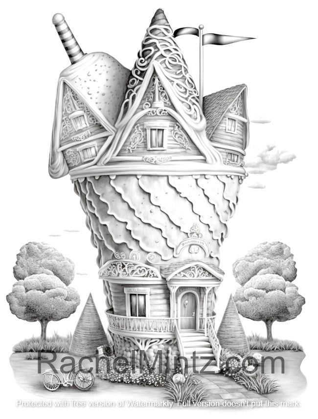Icecream Houses - Grayscale Coloring Book, 40 Cute Fantasy Houses Made of Ice-Creams, AI Art (PDF Book)