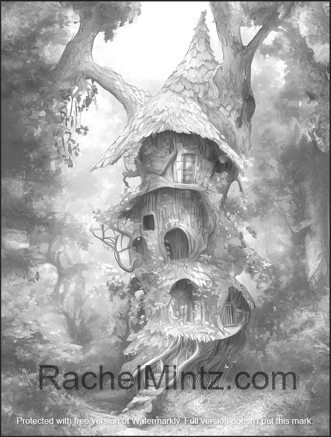 Misty Forest - Fantasy Treehouses, Magical Forest, Grayscale Coloring Book, AI Art (Printable PDF Book) Rachel Mintz