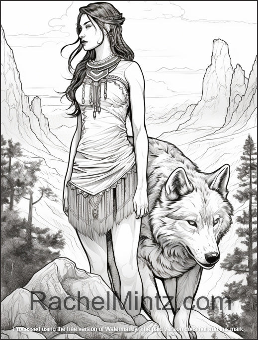Wolf Ladies - Realistic Wolves & Native American Women, Grayscale Coloring Book 27X2 AI Art (PDF Book)