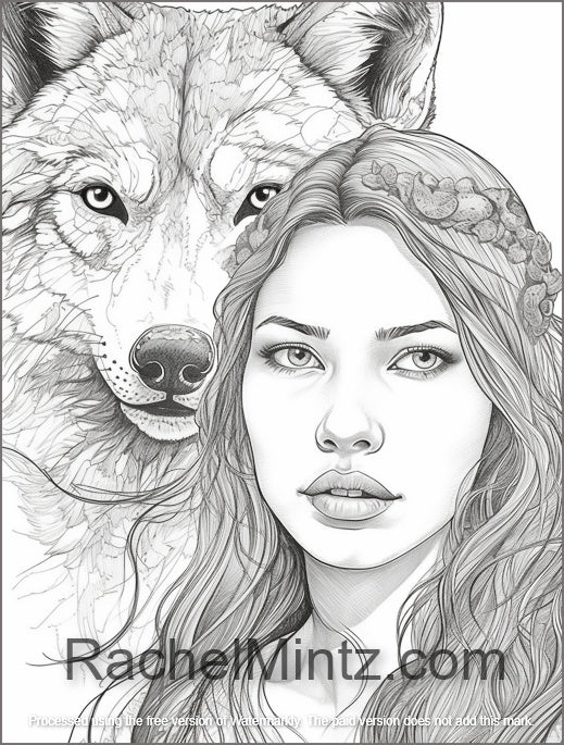 Wolf Ladies Realistic Wolves & Native American Women, Grayscale Colo