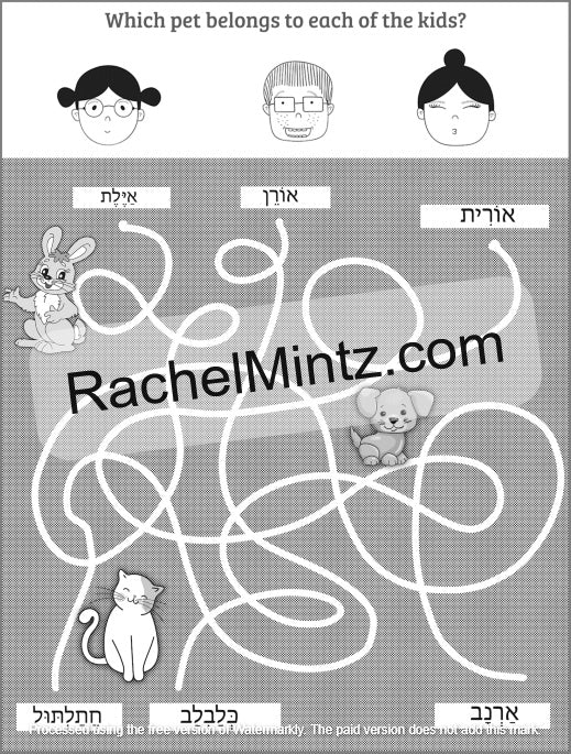 Hebrew Letters Coloring Book - Alef Bet Tracing & Practice for Kids (Printable PDF Book) A black and white Hebrew children's worksheet activity titled 'Which pet belongs to each of the kids?' with cartoon faces, a rabbit, a dog, and a cat connected by winding white lines on a gray grid background. A large watermark 'RachelMintz.