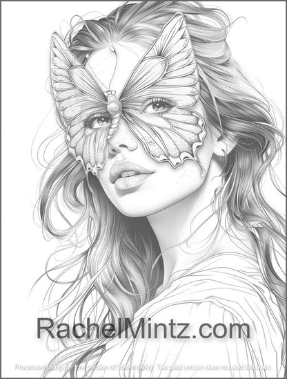 The Butterfly Girls - Beautiful Women Portraits with Artistic Butterflies, Grayscale Art (PDF Coloring Book)