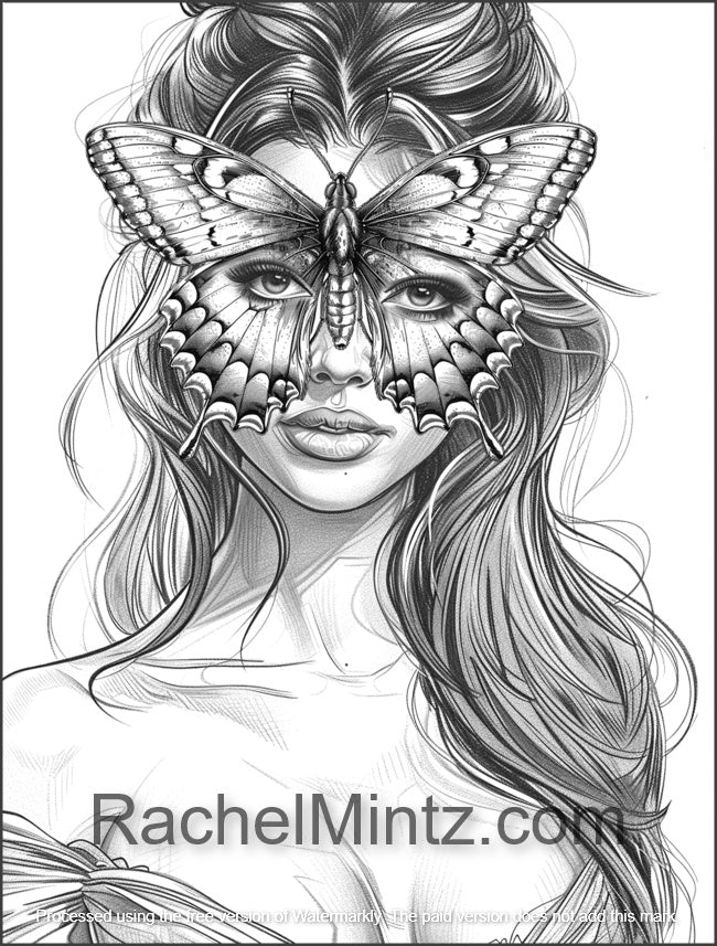 The Butterfly Girls - Beautiful Women Portraits with Artistic Butterflies, Grayscale Art (PDF Coloring Book)