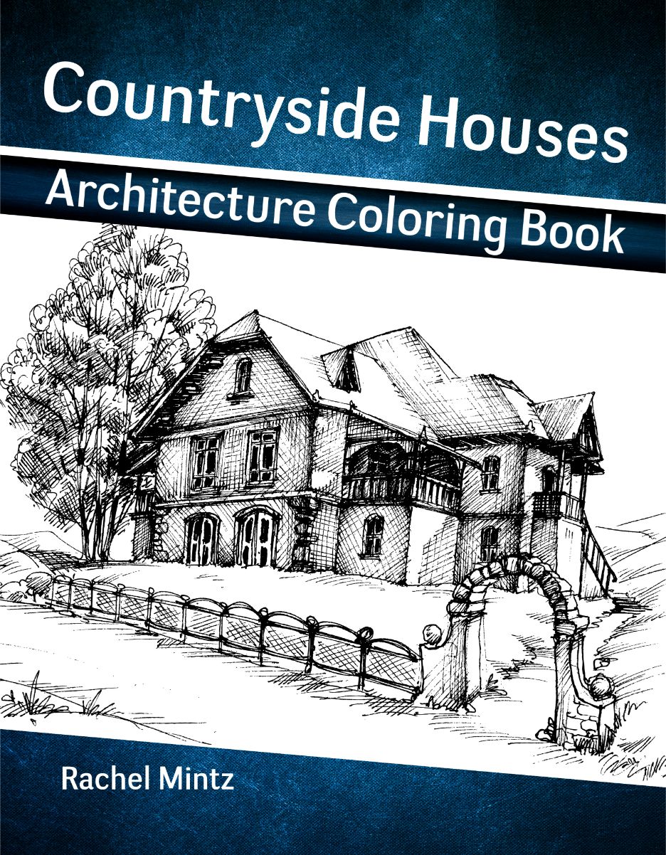 Countryside Houses - PDF Coloring Book For Adults - Grayscale 50 Pastoral Village Landscape Sketches