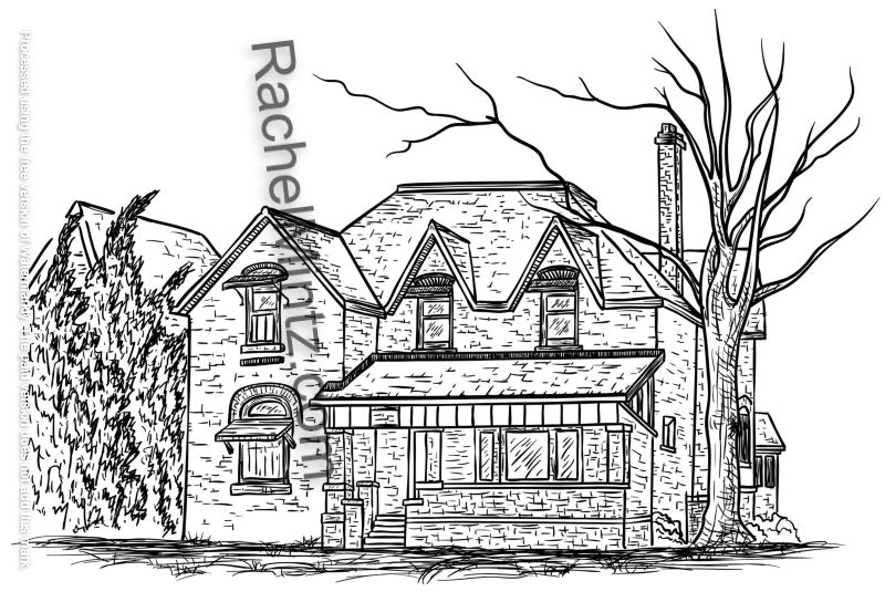 Countryside Houses - PDF Coloring Book For Adults - Grayscale 50 Pastoral Village Landscape Sketches