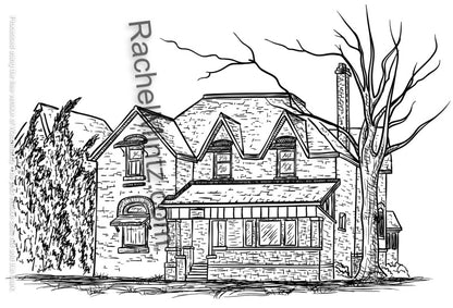 Countryside Houses - PDF Coloring Book For Adults - Grayscale 50 Pastoral Village Landscape Sketches