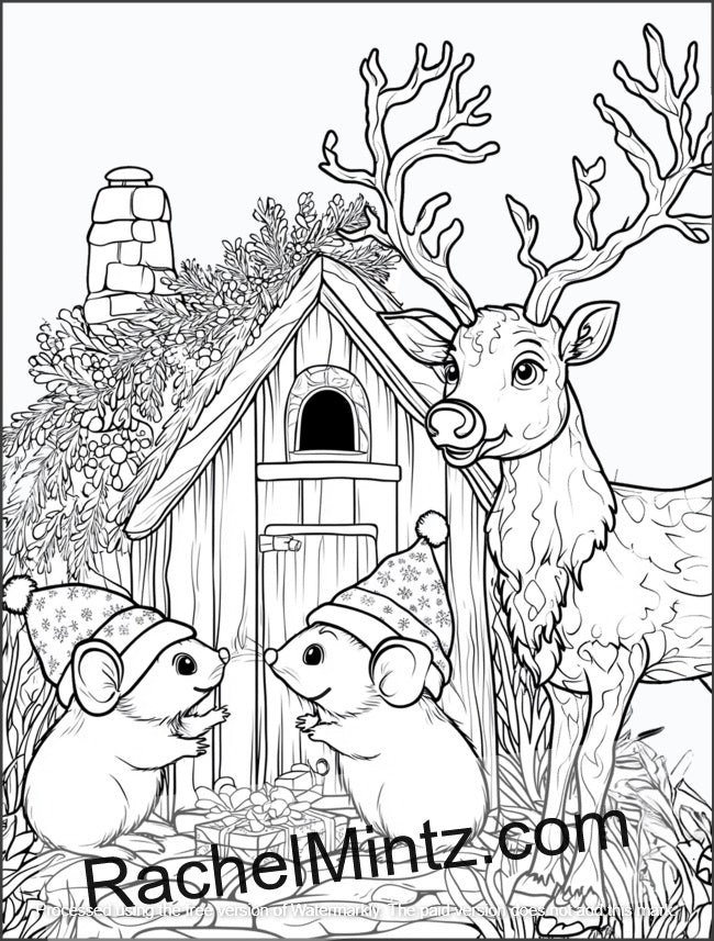 Cute Mice Christmas Party - Cozy Festive Winter Scenes Coloring PDF Book