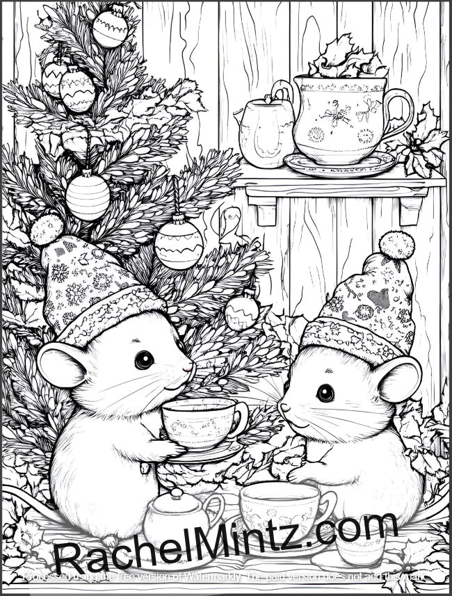 Cute Mice Christmas Party - Cozy Festive Winter Scenes Coloring PDF Book