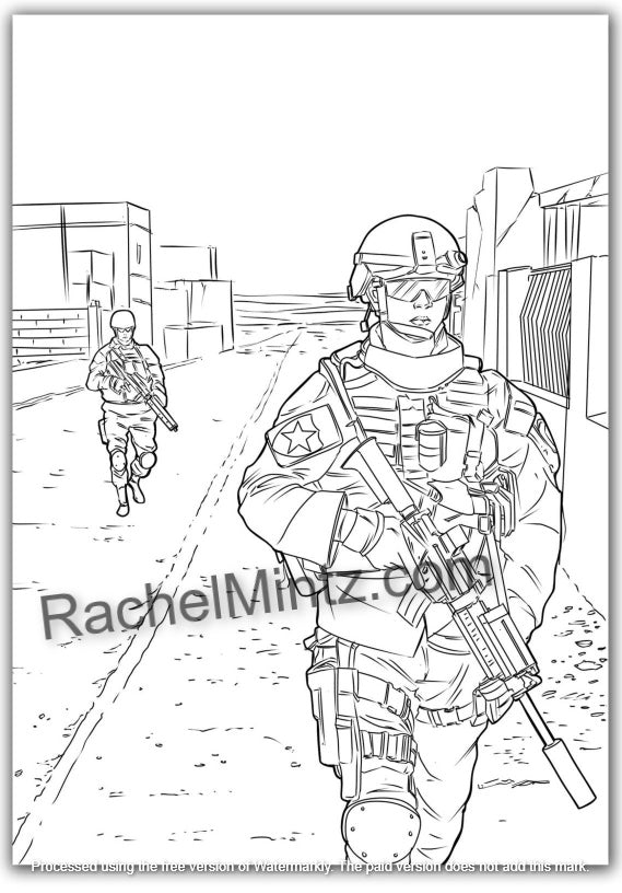 Heroes Under Fire - Military Combat Scenes, PDF Coloring Book For Teens & Adults