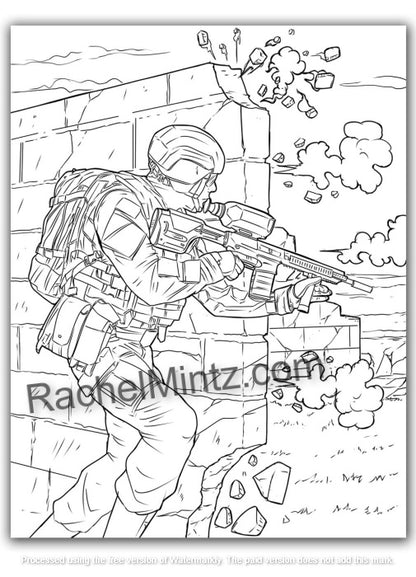 Heroes Under Fire - Military Combat Scenes, PDF Coloring Book For Teens & Adults