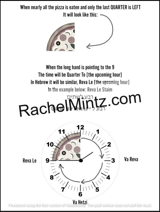 Learn to Tell Time in Hebrew – Step-by-Step Workbook (Printable PDF Book)  A printed educational diagram explaining Hebrew time using pizza slices and a clock, with text about the quarter hour and example labels Reva Le and Va Reva. A large watermark reading RachelMintz.