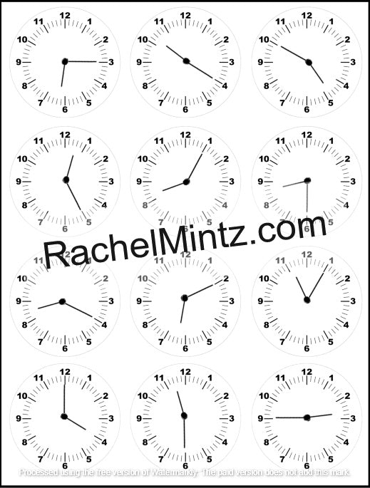 Learn to Tell Time in Hebrew – Step-by-Step Workbook (Printable PDF Book) - A sheet of twelve analog clock face designs arranged in a grid, shown in black and white. A large watermark reading 'RachelMintz.