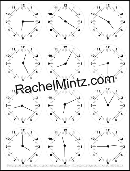Learn to Tell Time in Hebrew – Step-by-Step Workbook (Printable PDF Book) - A sheet of twelve analog clock face designs arranged in a grid, shown in black and white. A large watermark reading 'RachelMintz.