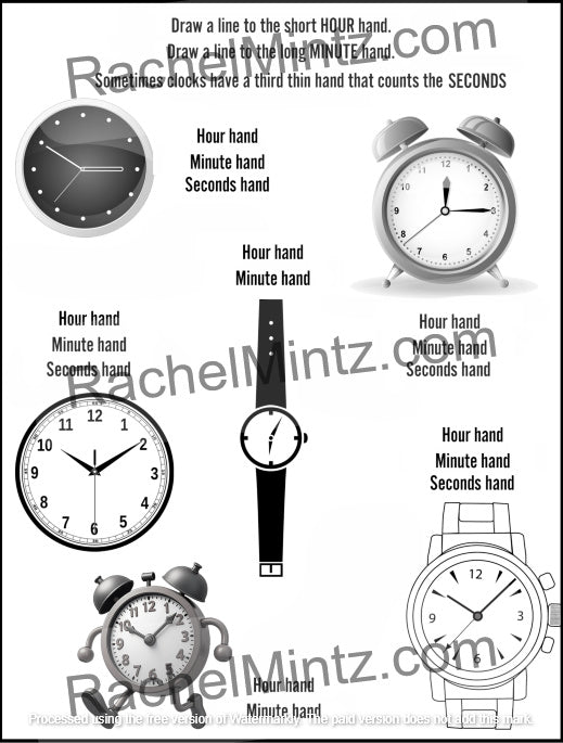How to Tell Time - Practice Workbook with QR Codes (Printable PDF Book) -A black and white educational diagram showing six different clock and alarm clock illustrations, each labeled with parts: hour hand, minute hand, and seconds hand. There is explanatory text about how to draw the hands and a large diagonal watermark reading RachelMintz.
