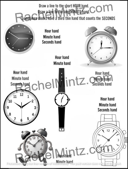 How to Tell Time - Practice Workbook with QR Codes (Printable PDF Book) -A black and white educational diagram showing six different clock and alarm clock illustrations, each labeled with parts: hour hand, minute hand, and seconds hand. There is explanatory text about how to draw the hands and a large diagonal watermark reading RachelMintz.