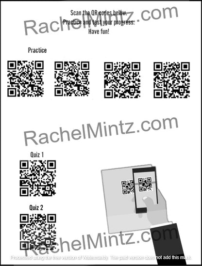 How to Tell Time - Practice Workbook with QR Codes (Printable PDF Book) - A black and white educational worksheet or progress tracker featuring QR codes labeled 'Practice', 'Quiz 1', and 'Quiz 2', with the text 'Scan the QR codes below.