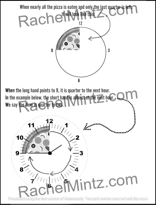 How to Tell Time - Practice Workbook with QR Codes (Printable PDF Book) - A black and white educational diagram explaining how to read a quarter hour on a clock, with text instructions and two clock illustrations. A large watermark reading RachelMintz.