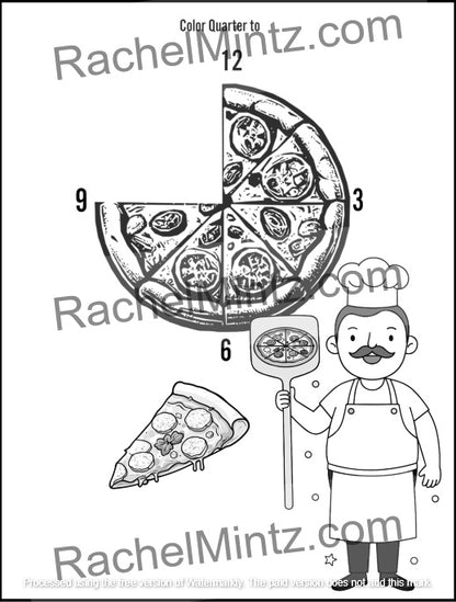 How to Tell Time - Practice Workbook with QR Codes (Printable PDF Book) - Black and white coloring page featuring a pizza pie chart with labeled sections, a slice of pizza, and a cartoon pizza chef holding a peel, with RachelMintz.com watermarks across the page.