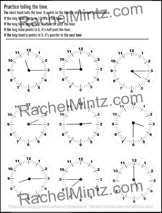 How to Tell Time - Practice Workbook with QR Codes (Printable PDF Book) - A black and white educational worksheet titled 'Practice telling the time' with instructional text at the top and ten analog clock faces for practice. A large diagonal watermark reading RachelMintz.
