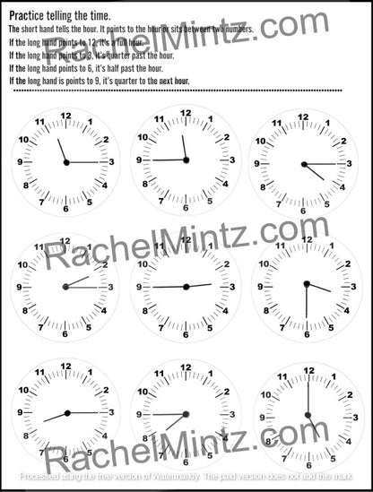 How to Tell Time - Practice Workbook with QR Codes (Printable PDF Book) - A black and white educational worksheet titled 'Practice telling the time' with instructional text at the top and ten analog clock faces for practice. A large diagonal watermark reading RachelMintz.