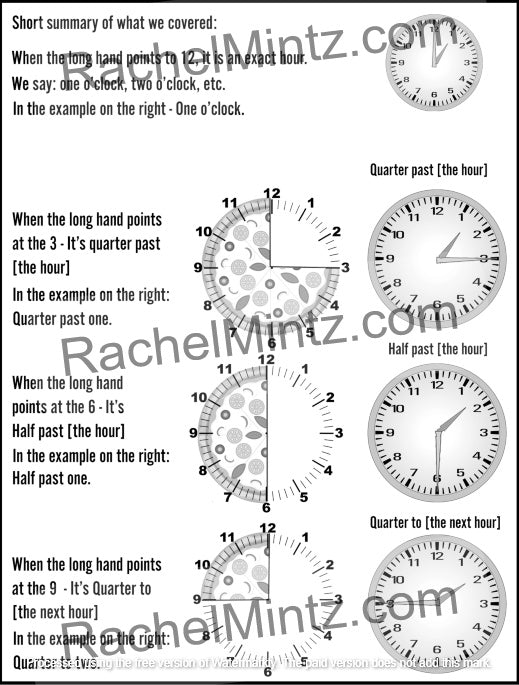 How to Tell Time - Practice Workbook with QR Codes (Printable PDF Book) - A black and white educational reference chart explaining clock time concepts, including quarter past, half past, quarter to, and analog clock representations with a diagonal watermark reading RachelMintz.com.