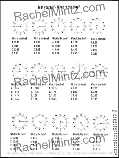 How to Tell Time - Practice Workbook with QR Codes (Printable PDF Book) - A black and white practice worksheet titled 'Test yourself - What is the time?' with multiple analog clock faces, multiple-choice time questions, and a answers key on the right. A large watermark reads RachelMintz.
