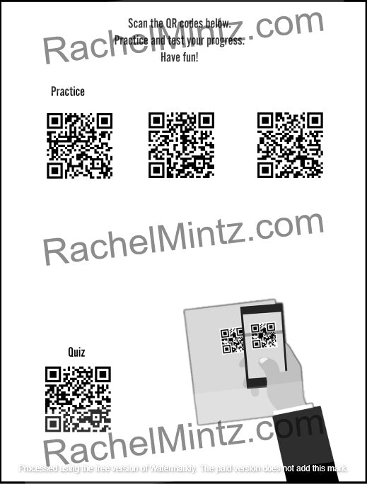 How to Tell Time - Practice Workbook with QR Codes (Printable PDF Book) - A black and white educational worksheet or progress tracker featuring QR codes under the headings 'Practice' and 'Quiz', with a hand holding a smartphone at the bottom right. Large semi-transparent watermark text reads 'RachelMintz.
