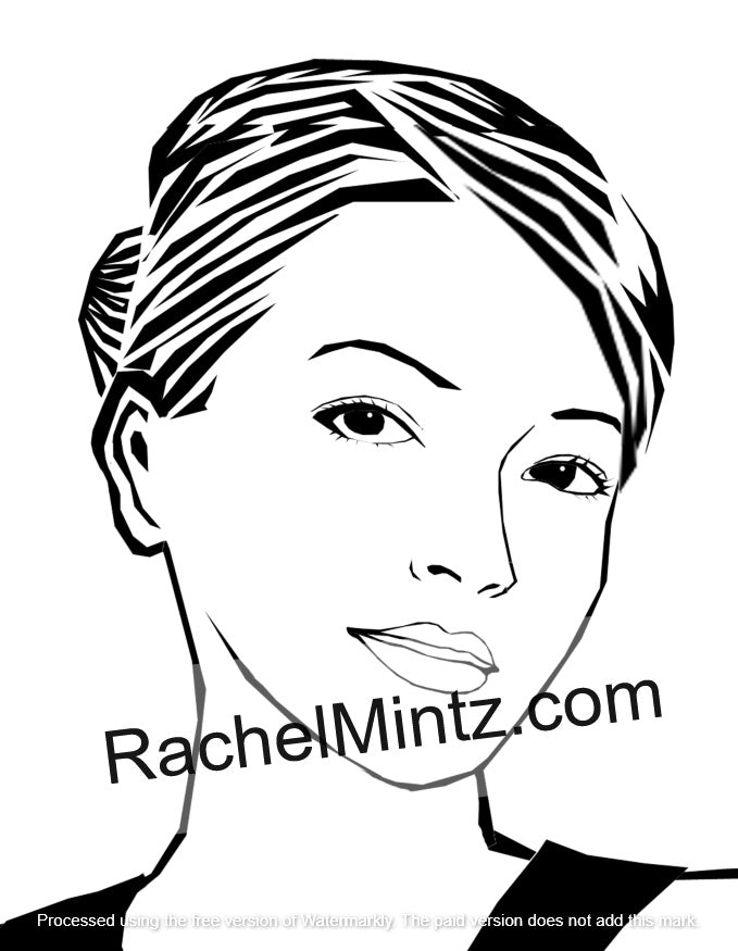 La Femme Beautiful Girls Portraits Coloring Book PDF – 28 gorgeous women to color - Black and white line art portrait of a woman with her hair pulled back, featuring a watermark reading RachelMintz.com across the lower face area.