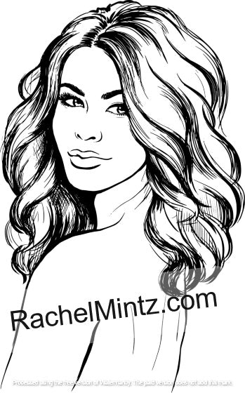 Attractive women portraits coloring pages – La Femme printable PDF coloring book - Black and white line art illustration of a woman with long, wavy hair, featuring a watermark 'RachelMintz.com' across the lower portion.
