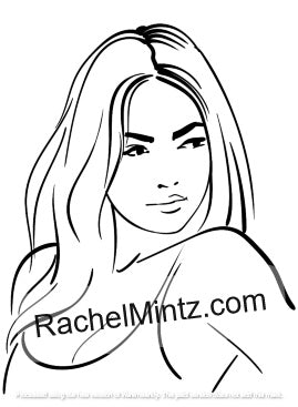 La Femme coloring book cover – beautiful female portraits with dramatic close ups Black and white line art portrait of a woman with long hair, with the text 'RachelMintz.com' overlaid across the lower portion. 