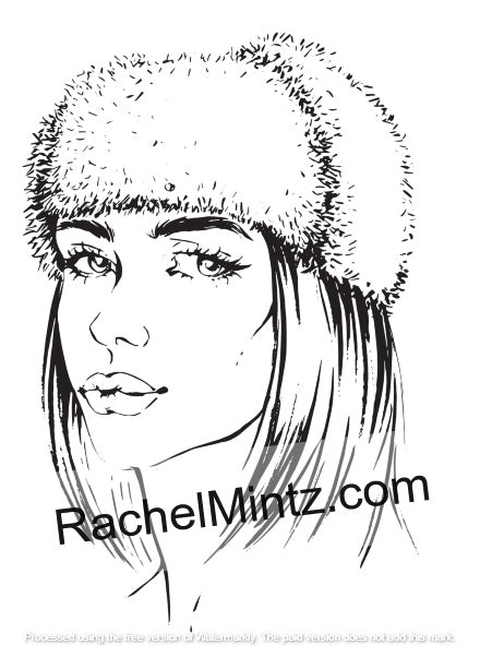 Gorgeous women coloring pages PDF – mysterious and attractive portrait sketches - Black and white line art illustration of a woman's face wearing a fluffy fur hat, with the text 'RachelMintz.com' overlaid across the lower portion.