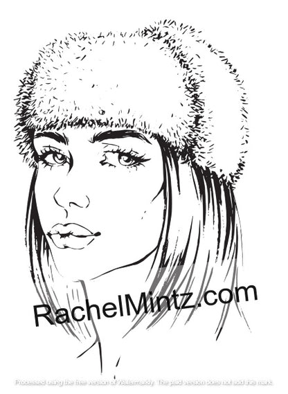 Gorgeous women coloring pages PDF – mysterious and attractive portrait sketches - Black and white line art illustration of a woman's face wearing a fluffy fur hat, with the text 'RachelMintz.com' overlaid across the lower portion.