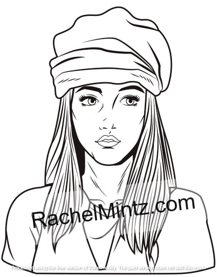 La Femme printable coloring book – relaxing beautiful girls portrait art for adults - Black and white line art illustration of a woman with long hair wearing a head wrap, with a visible RachelMintz.com watermark across the lower center.
