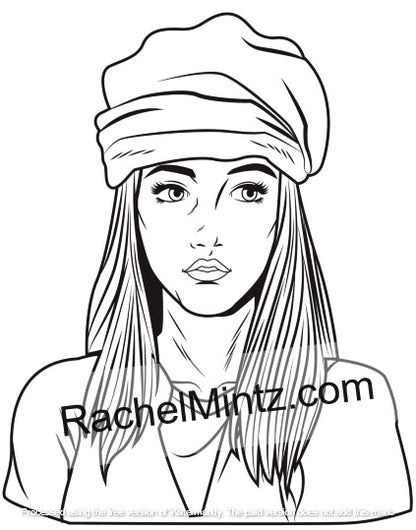 La Femme printable coloring book – relaxing beautiful girls portrait art for adults - Black and white line art illustration of a woman with long hair wearing a head wrap, with a visible RachelMintz.com watermark across the lower center.