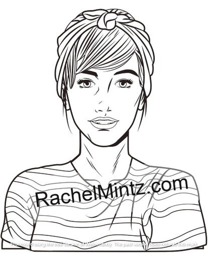 Beautiful women face close up coloring pages – La Femme PDF digital download - Black and white line art illustration of a woman with braided hair, wearing a striped shirt, with the text 'RachelMintz.com' across the chest.