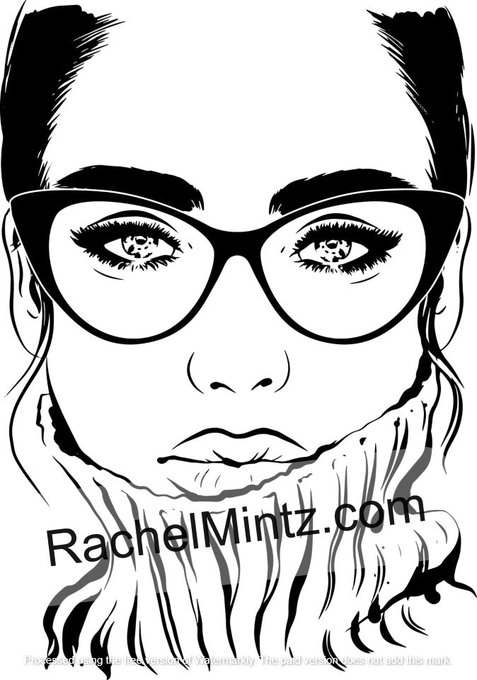 Lens Coloring Book PDF – 30 gorgeous women with fashionable glasses to color  Black and white graphic illustration of a woman's face wearing thick black cat-eye glasses and a textured scarf, with the text 'RachelMintz.com' across the lower portion.