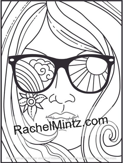Beautiful women with glasses coloring pages – Lens printable PDF coloring book - Black and white line art coloring page featuring a stylized face with flowing hair, floral temple details, and black-framed sunglasses with sun and cloud motifs over the eyes. A watermark reading RachelMintz.
