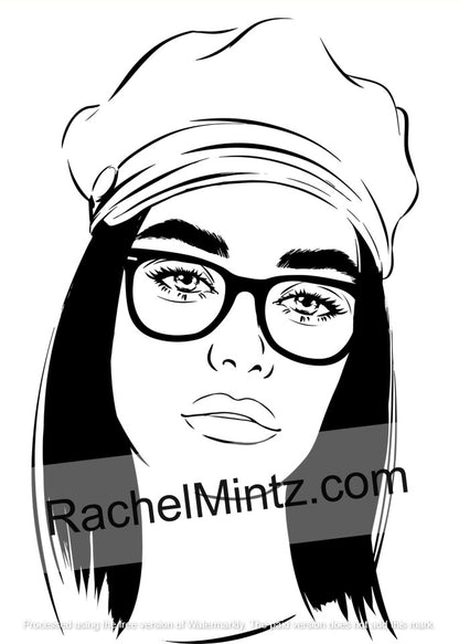 Women with glasses portrait coloring pages – artistic close ups PDF download - Black and white line art illustration of a woman with long dark hair, wearing a headband and round eyeglasses, with a large 'RachelMintz.com' watermark across the lower portion.