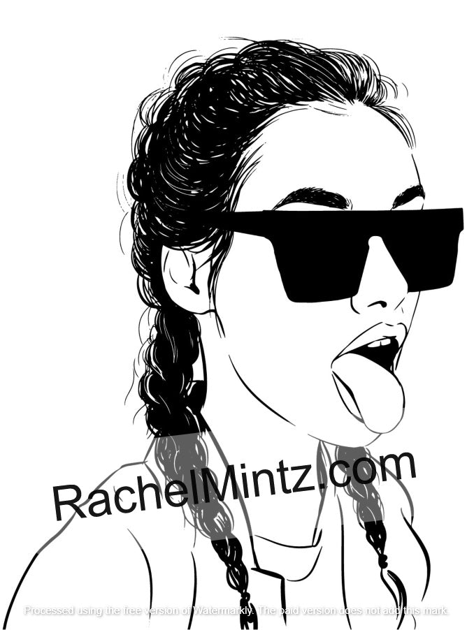 Lens printable coloring book – relaxing beautiful women with glasses art for adults - Black and white graphic illustration of a woman with braided hair wearing oversized black sunglasses and sticking her tongue out, with the text 'RachelMintz.com' across the lower portion.