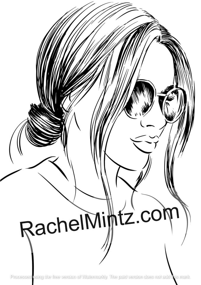 Fashionable glasses women face coloring pages – Lens PDF digital coloring book - Black and white line art illustration of a woman with sunglasses, hair in a low bun, and a visible RachelMintz.com watermark across the lower portion.