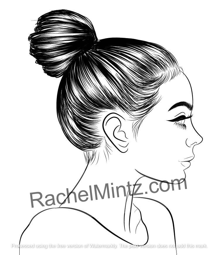 Look at Me Coloring Book PDF – 30 beautiful women face profiles to color - Black and white line art illustration of a woman's head in profile with her hair styled in a high bun, featuring a watermark 'RachelMintz.com' across the center.