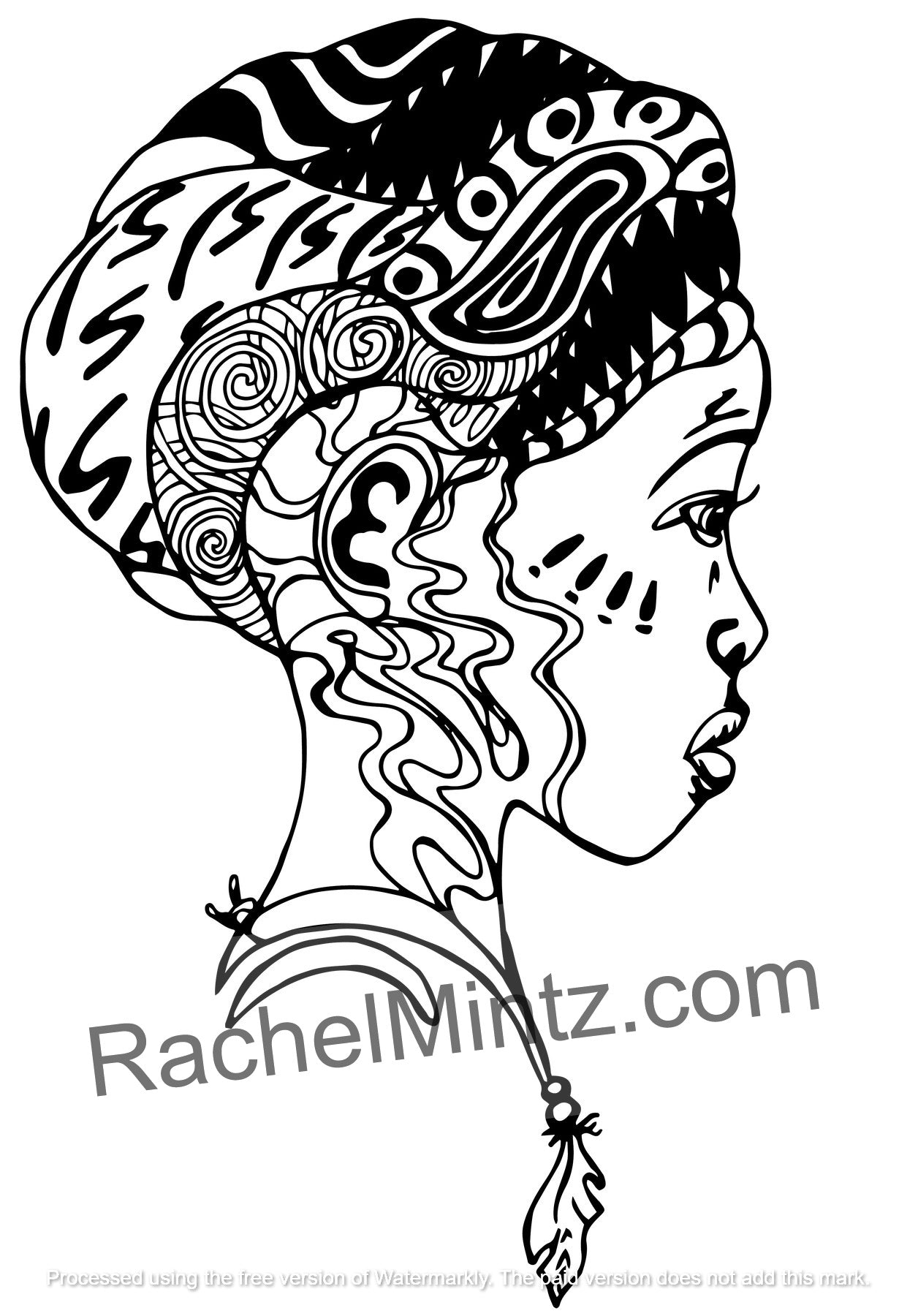 Women facial profile coloring pages – Look at Me printable PDF coloring book - Black and white line art illustration of a woman in profile with intricate tribal and abstract patterns in her hair, shown on a white background with a RachelMintz.com watermark.