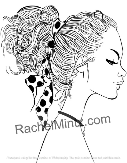 Look at Me coloring book cover – gorgeous women side profile portrait sketches - Black and white line art illustration of a woman's profile with an updo hairstyle and a polka-dot scarf, shown on a white background with a RachelMintz.com watermark.