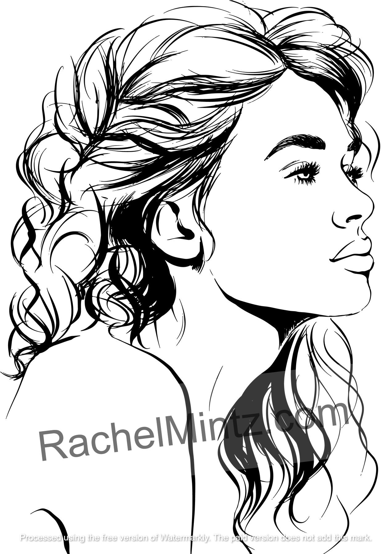 Beautiful women face profile coloring pages – artistic side view portraits PDF - Black and white line art illustration of a woman's profile with flowing hair, featuring a watermark reading 'RachelMintz.com' across the center.