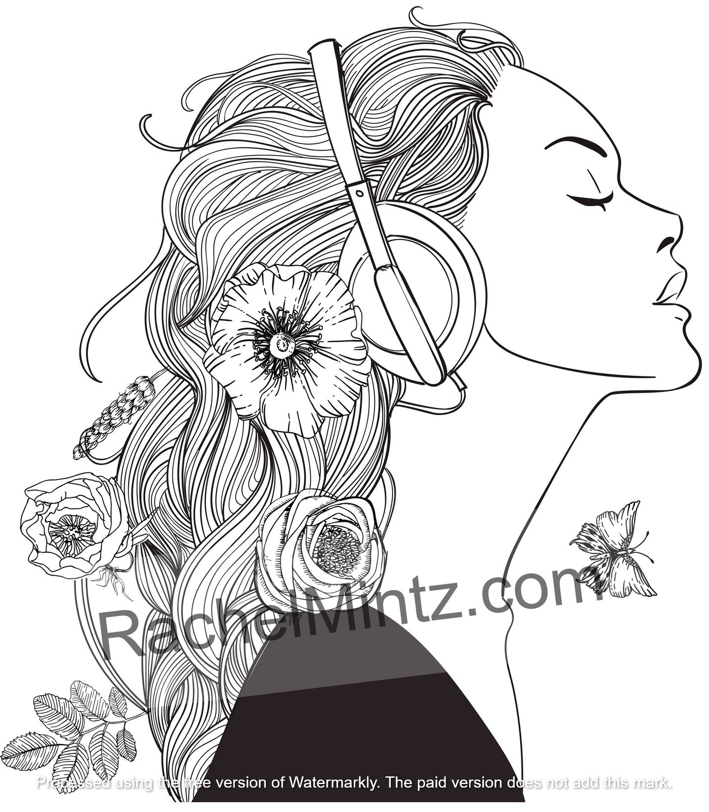 Look at Me printable coloring book – relaxing women facial profiles art for adults - Black and white line art illustration of a woman in profile with closed eyes, wearing over-ear headphones, with long flowing hair styled with flowers. A large 'RachelMintz.