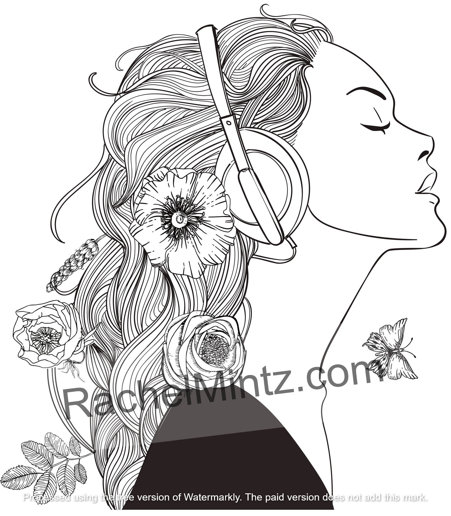 Look at Me printable coloring book – relaxing women facial profiles art for adults - Black and white line art illustration of a woman in profile with closed eyes, wearing over-ear headphones, with long flowing hair styled with flowers. A large 'RachelMintz.